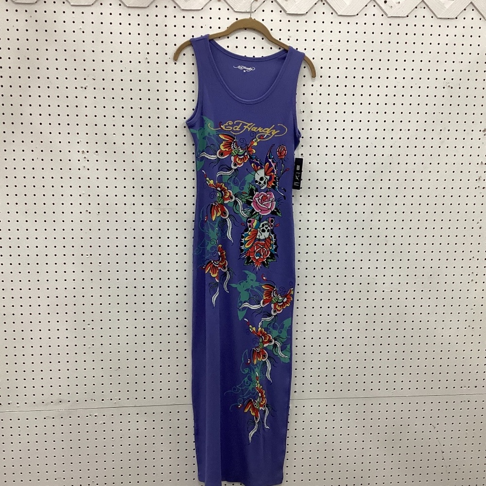 Ed Hardy Sleeves Skull, Butterfly Dress, Size Medium,Color Blue Multi Color NWT